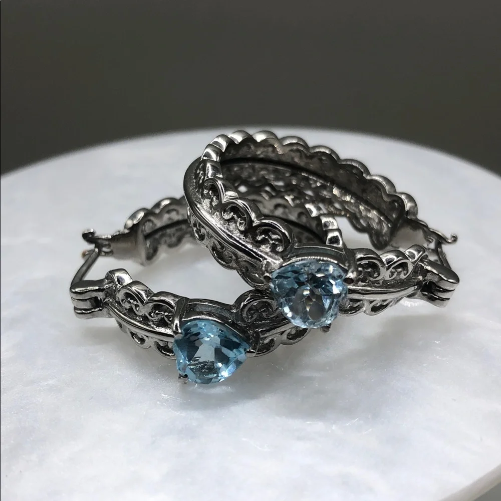 EverTrue Sky Blue Topaz Heart Hoop Earrings Stainless Steel Statement Style NEW